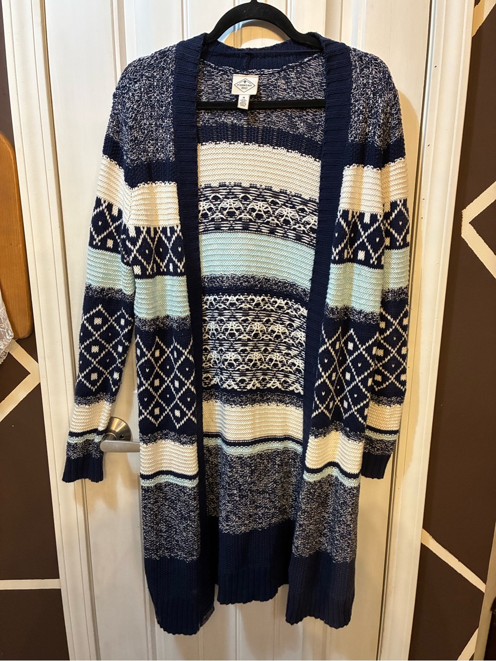 St. John's Bay Navy, Cream & Light Blue Patterned Open-Front Cardigan